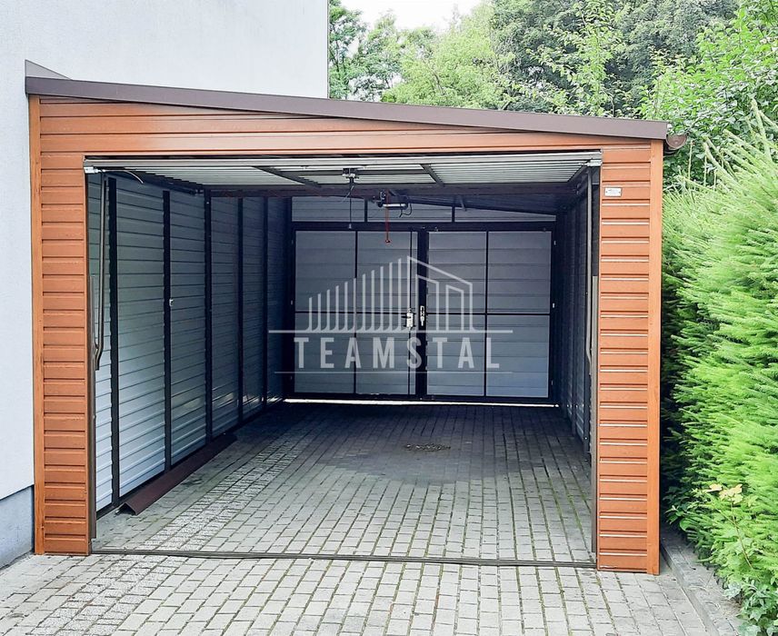 GARAŻ BLASZANY 3,5m x 6m - spad w prawo 2x Brama orzech  TS287