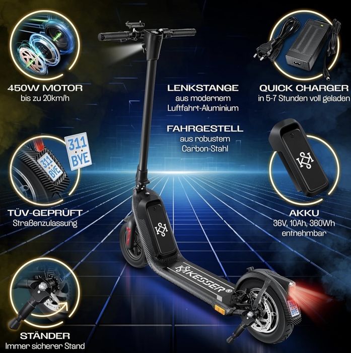 Hulajnoga elektryczna KESSER e-scooter 40 km 120 kg 20 km/h koła 10"