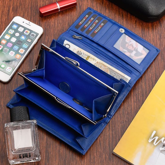 Pojemny portfel damski skórzany niebieski z pudełkiem prezent skóry