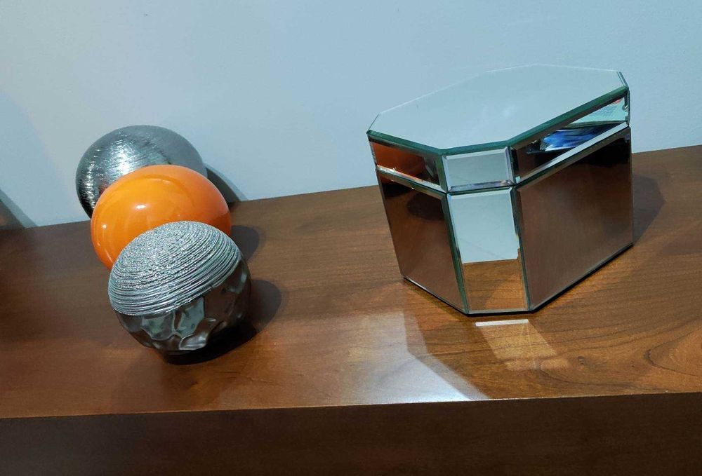 Decorative "New" Box, Mirrored with Black Velvet Lining.