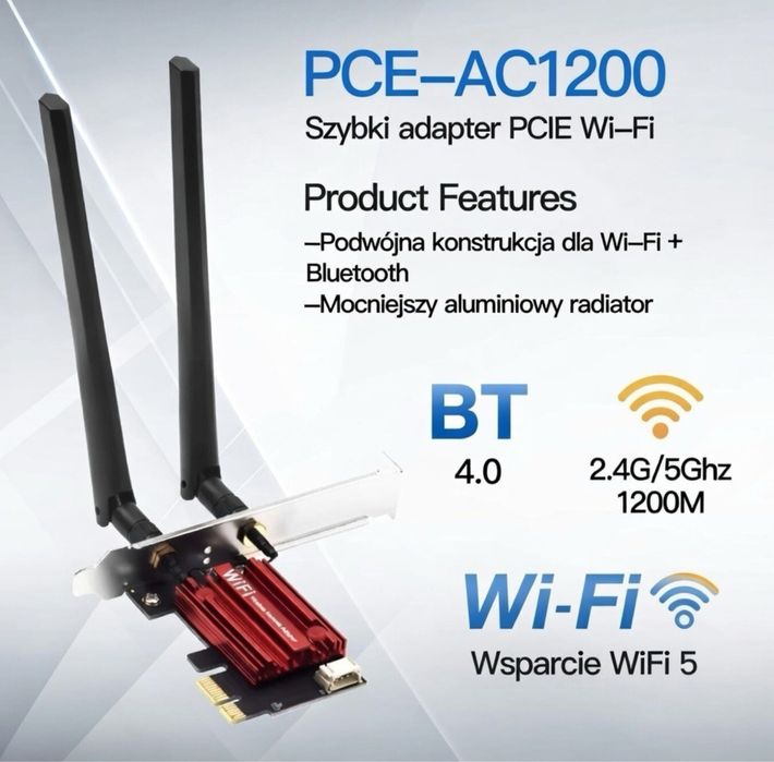 Karta WiFi PCI-E AC1200 + Bluetooth | Windows 10/11 | 2 anteny