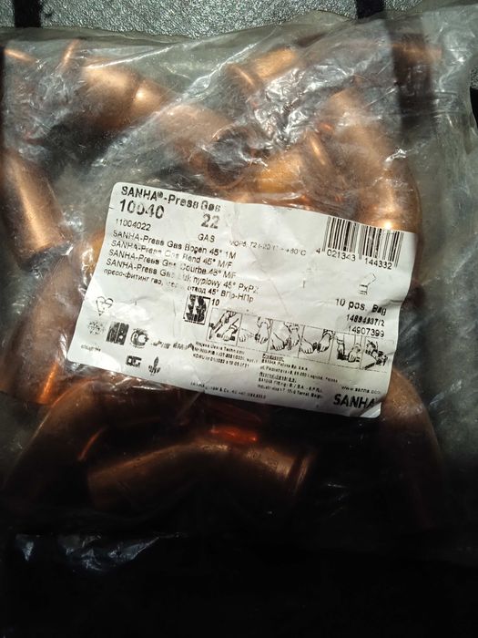 Łuk nyplowy miedziany FI 22 1-kielichowy 45° kolano SANHA-Press