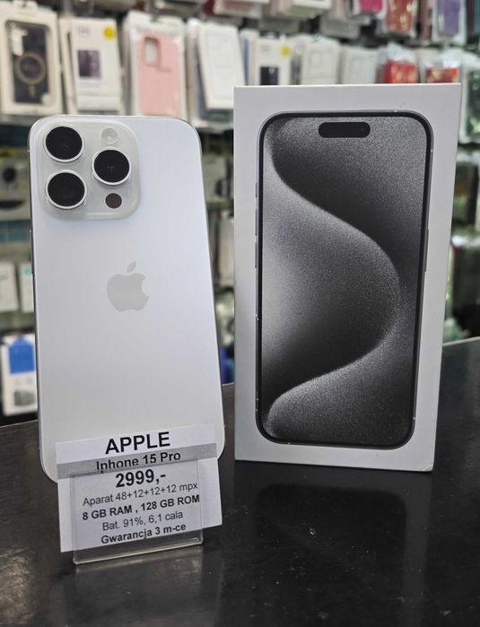 Iphone 15 Pro 128gb White Titanium, Bez Rat, 90% bat, Sklep, Domino