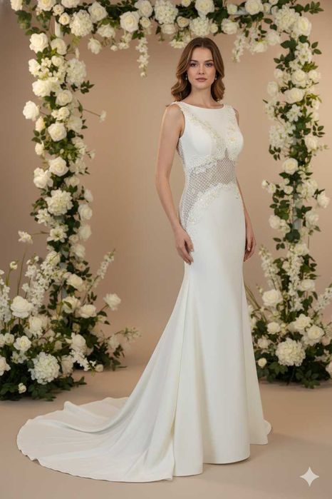 Nowa suknia ślubna M 38 kremowa rybka z likwidacji salonu dekolt łódka