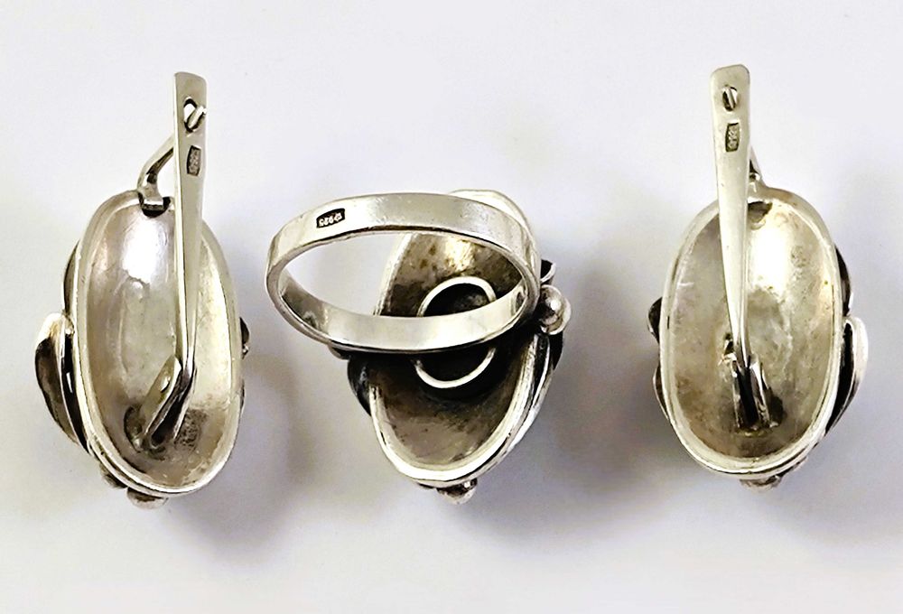 Советский крупный серебряный набор: серьги и кольцо. СССР. 925"Звезда"