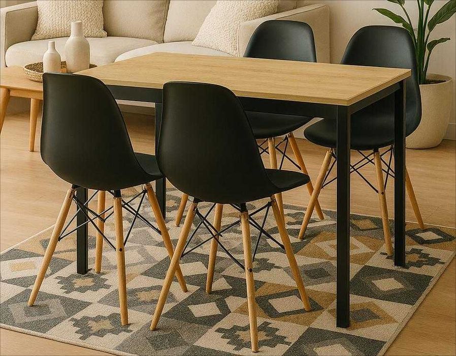 NOWY Stół z Krzesłami Loft Czarny do Kuchni Salonu Jadalni Drewniany F