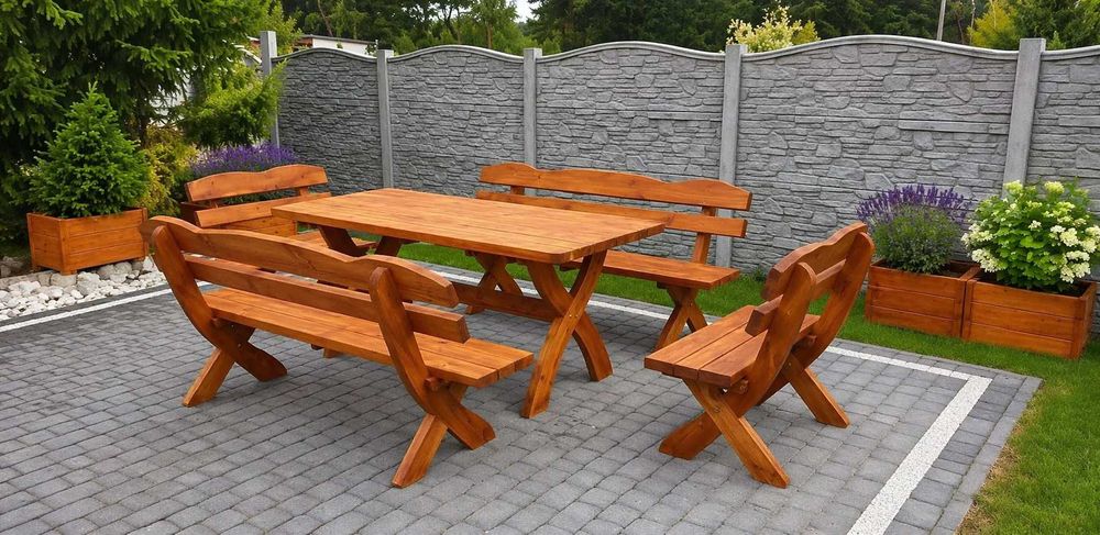 Komplet mebli ogrodowych drewnianych 180cm stół ławki - 4szt - zestaw na 8-10 osób