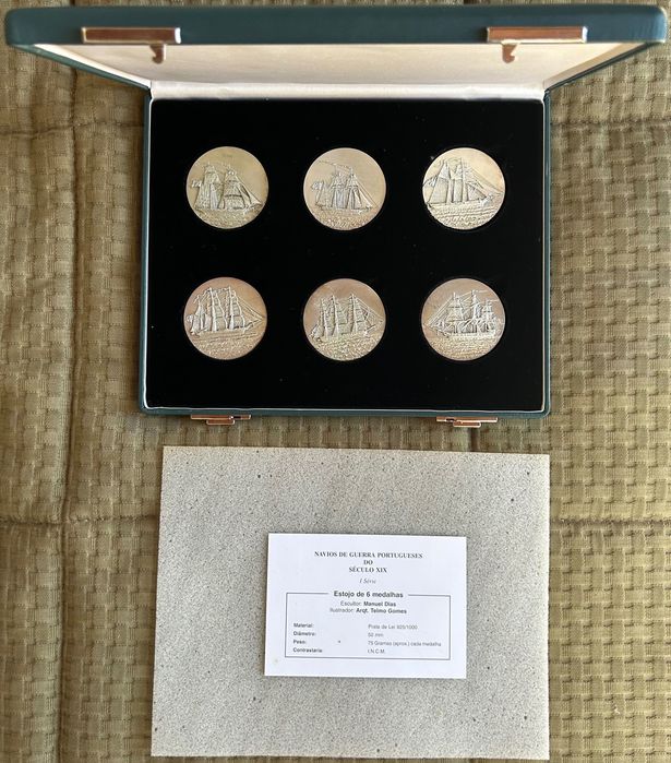 Lote de 12 Medalhas Prata 925 Navios de Guerra Portugueses Século XIX