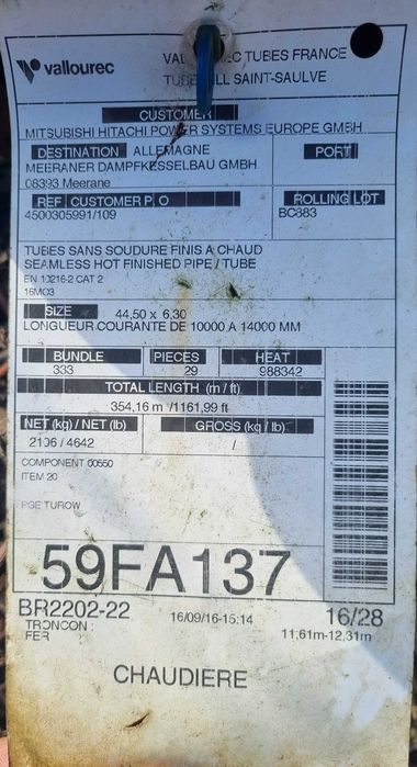 Rura stalowa fi 44,5 x 6,3 - 16Mo3 - 700 mb