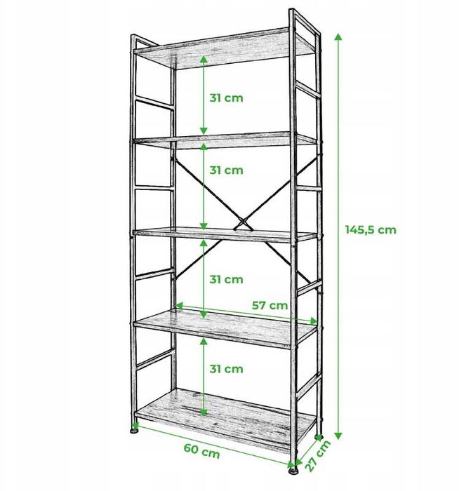 Nowy Regał Loftowy na Książki 5 Półkowy Drewniany Szafka Rustykalna FV