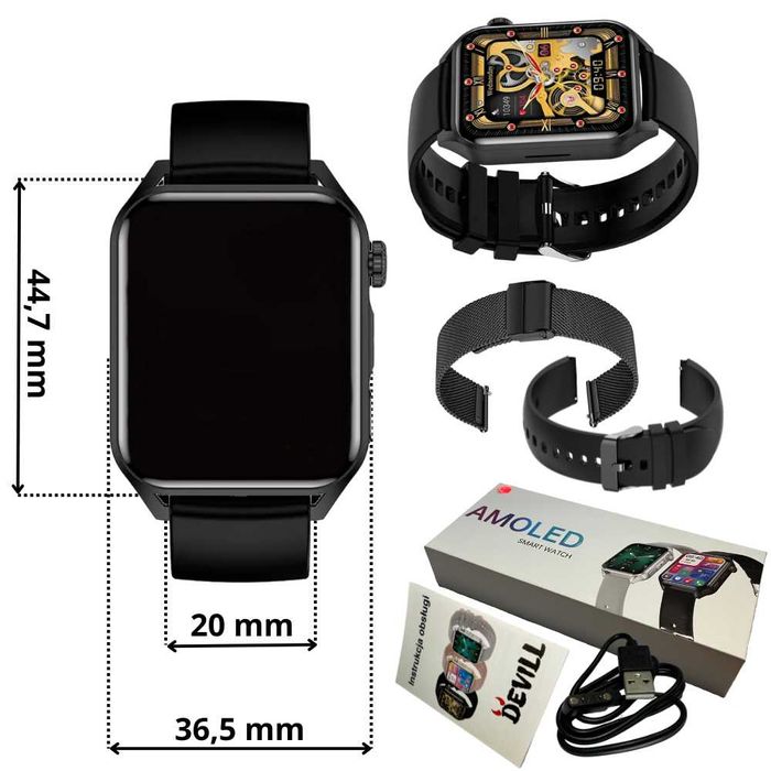 Smartwatch Zegarek Męski Menu PL Rozmowy Sport Powiadomienia Amoled