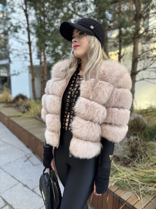 Futro naturalne z lisa pudrowy róż s 36 Mega gęste 2 w 1 krótkie