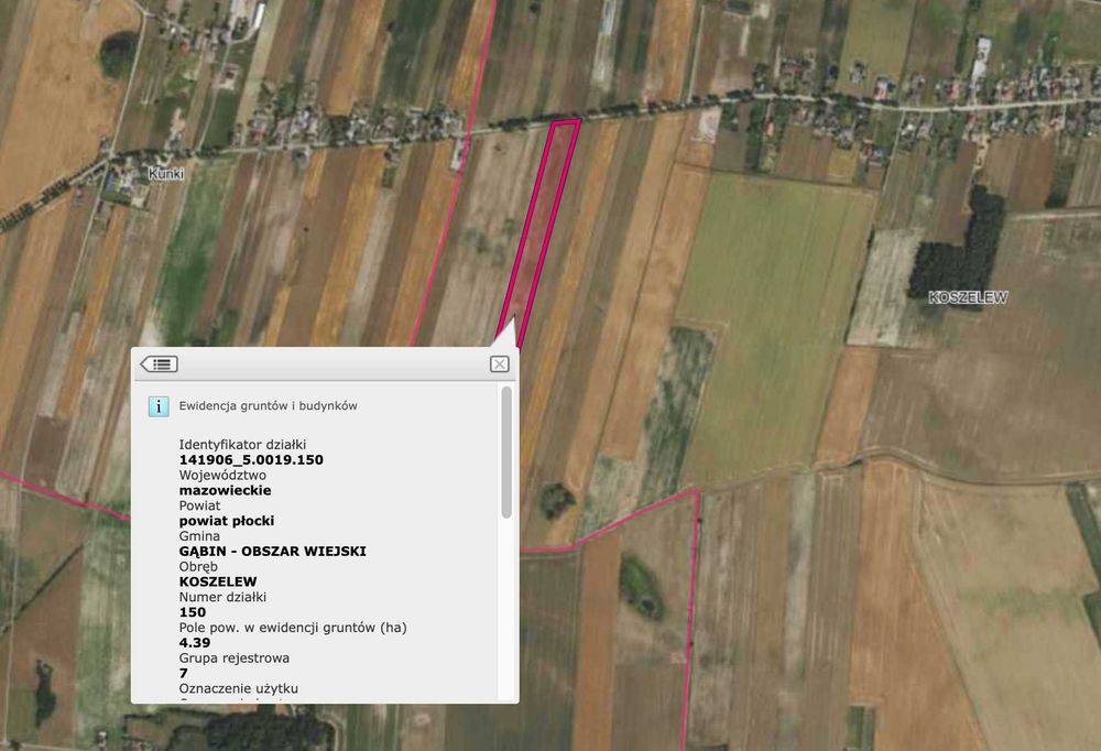 Działka rolna o pow. 4,39 ha w Koszelewie, gm. Gąbin