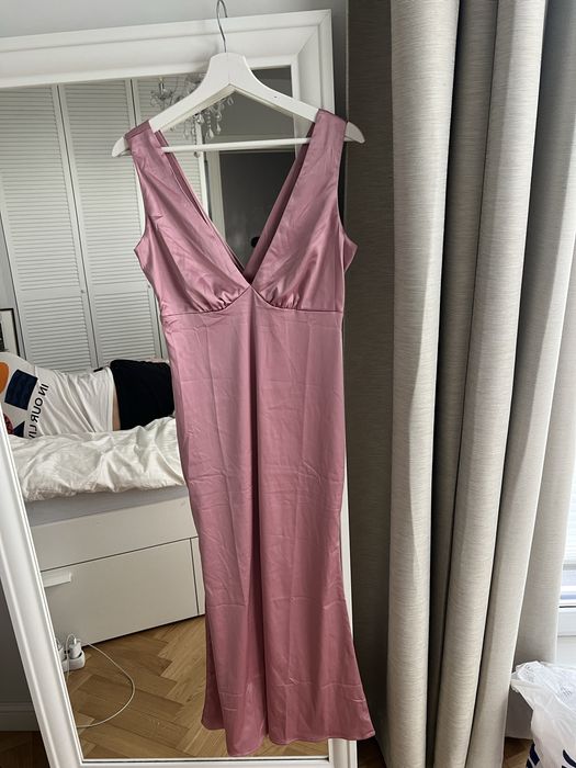 Sukienka długa midi brudny róż S na wesele Shein satynowa koktaljowa