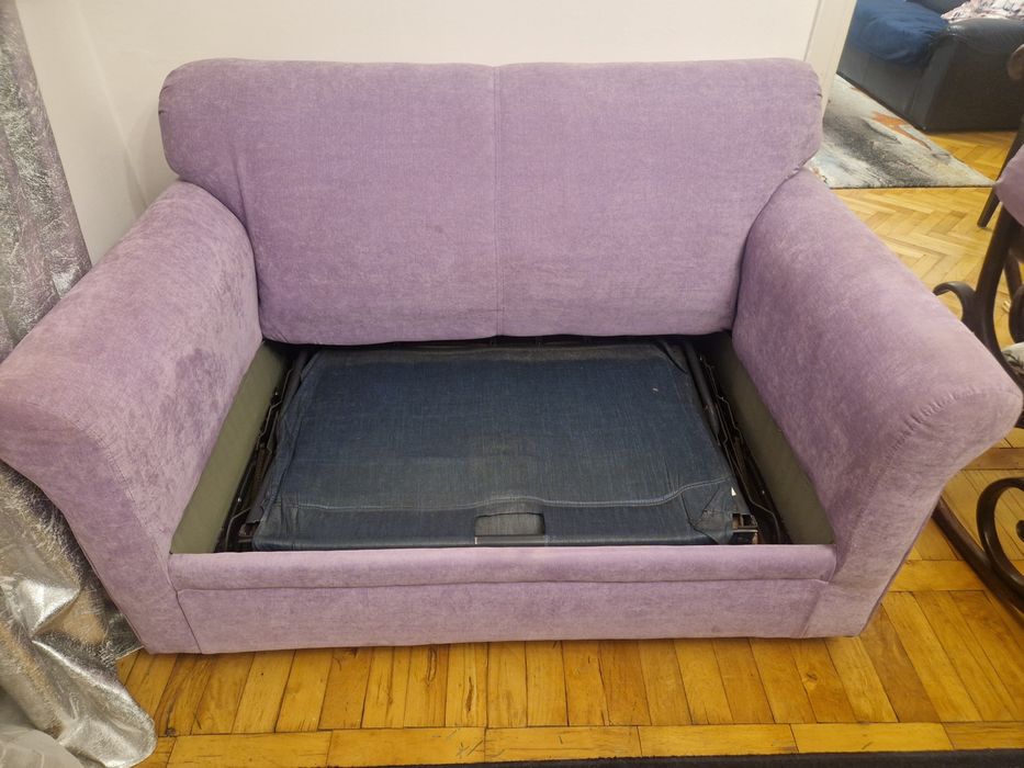 Sofa  PRL " amerykanka",nowa tapicerka, rozkładana, liliowa!