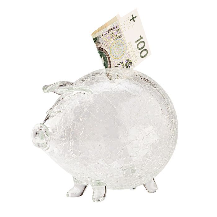 Szklana świnka skarbonka pajęczyna