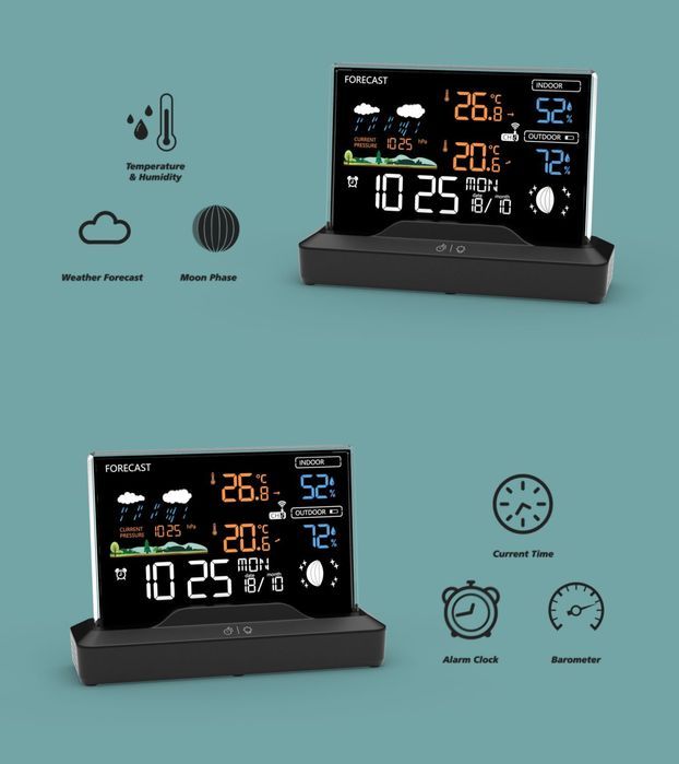 Stacja Pogodowa Podświetlana Wyświetlacz Lcd Bezprzewodowa Z Czujnikie