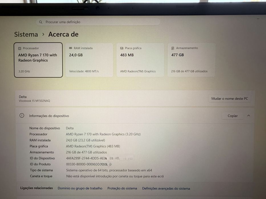 Portatil Asus Ryzen 7 com 24Gb Ram