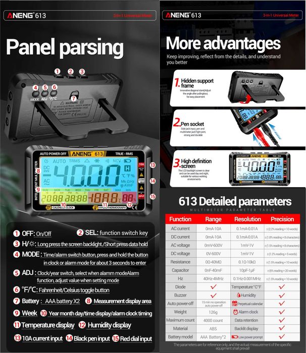 ANENG 612 613 Pro Smart мультиметр тестер AC/DC температура влажность