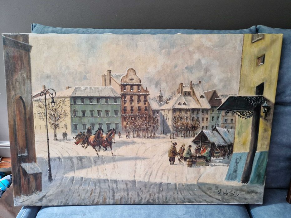 W. WOLSKY "Zimowy plac w Warszawie pejzaż olejny
