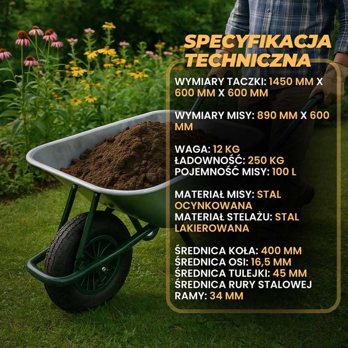 mocna taczka budowlana ogrodowa 100l 250kg stal ocynk koło pompowane