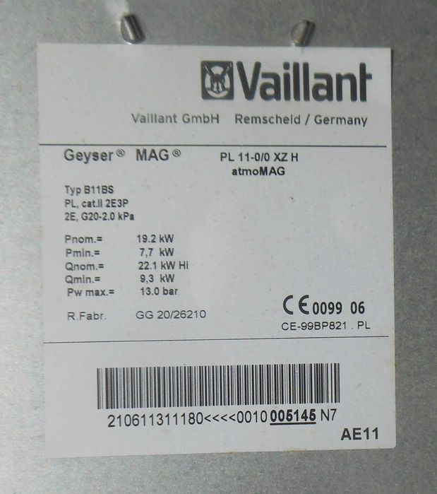 piecyk łazienkowy gazowy Vaillant atmoMag PL 11 0/0 XZH nowy Okazja !