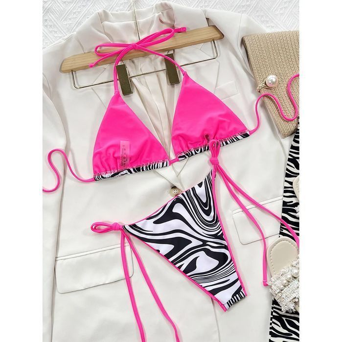 Strój Kąpielowy BIKINI Stringi SEXY Neon Wiązane Zebra - L