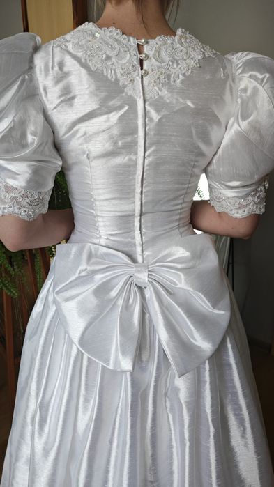 Suknia ślubna S/M vintage retro biała gipiura, perły, cekinami