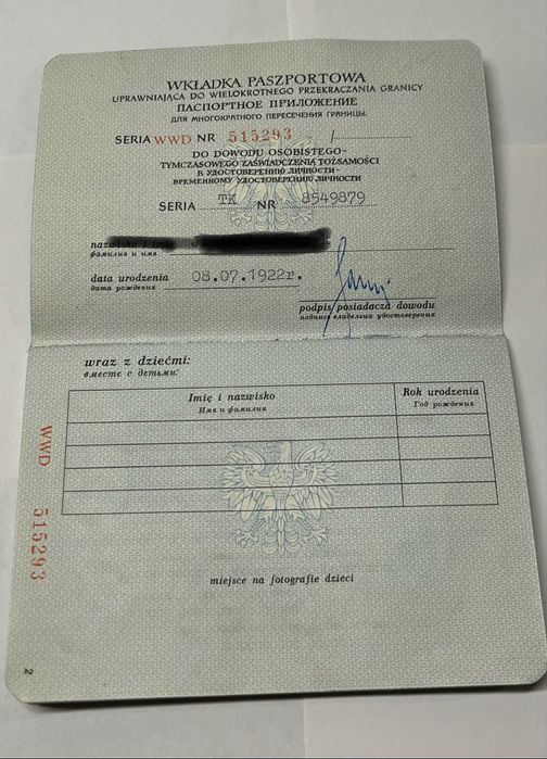 Stary dokument PRL wkładka paszportowa 1980 r