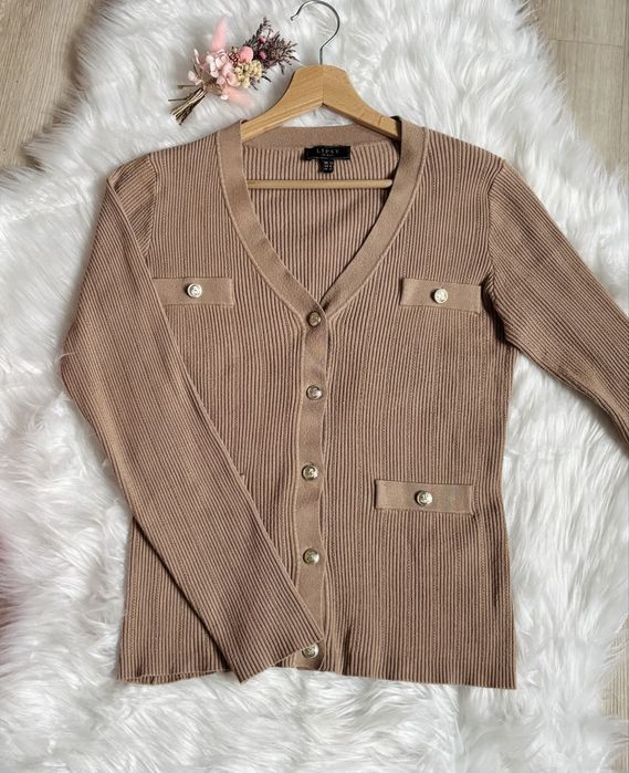 Sweter damski, prążkowany kardigan jasny brąz, wiskoza, poliamid 38, M