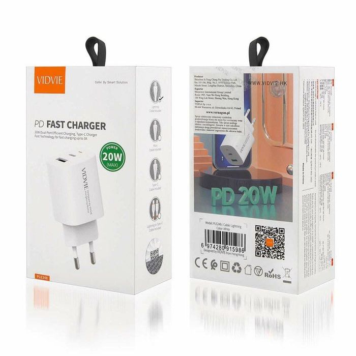 Ładowarka do IPhone 20W + kabel PLE248 Biała IPhone 14PRO 13PRO 12PRO