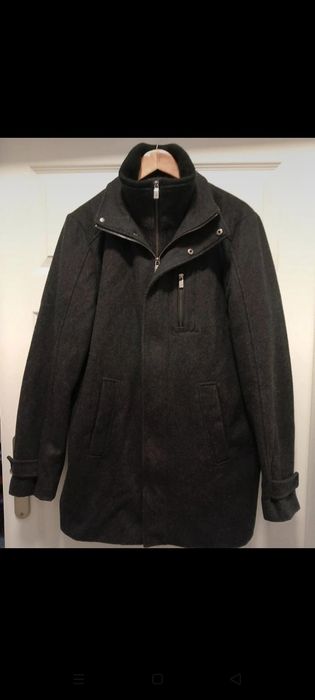 Krótki ciemny klasyczny płaszcz bosmanka z golfem Calvin Klein Wool we