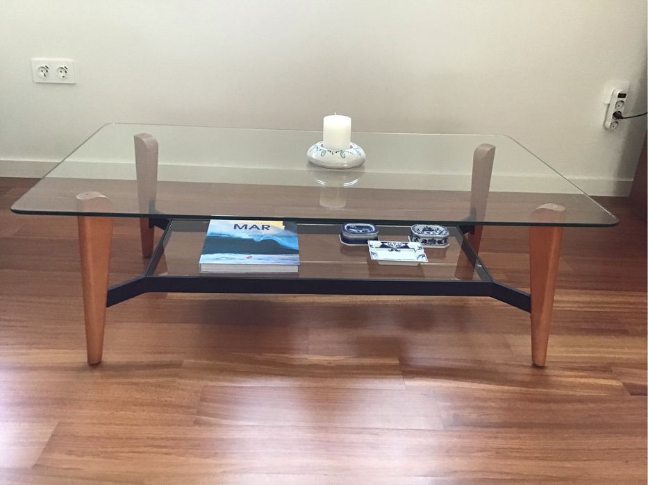 Mesa de centro em vidro e madeira 120x70 cm - bom estado