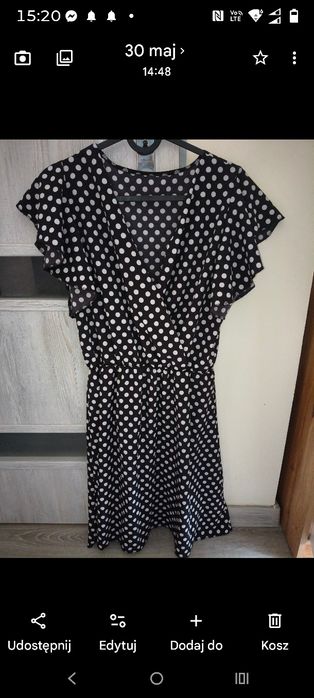 Śliczna czarna sukienka w białe grochy/kropki biust 110cm.