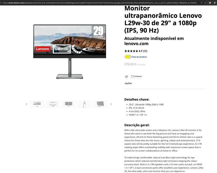 Monitor Lenovo 29" - L29w-30