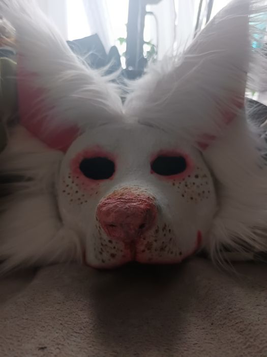 Maska biały pies z piegami