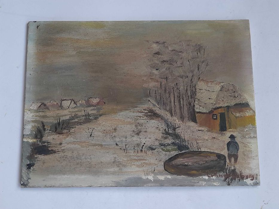 Obraz widok wsi nad rzeką (olej na płycie) 17,5 x 24 cm