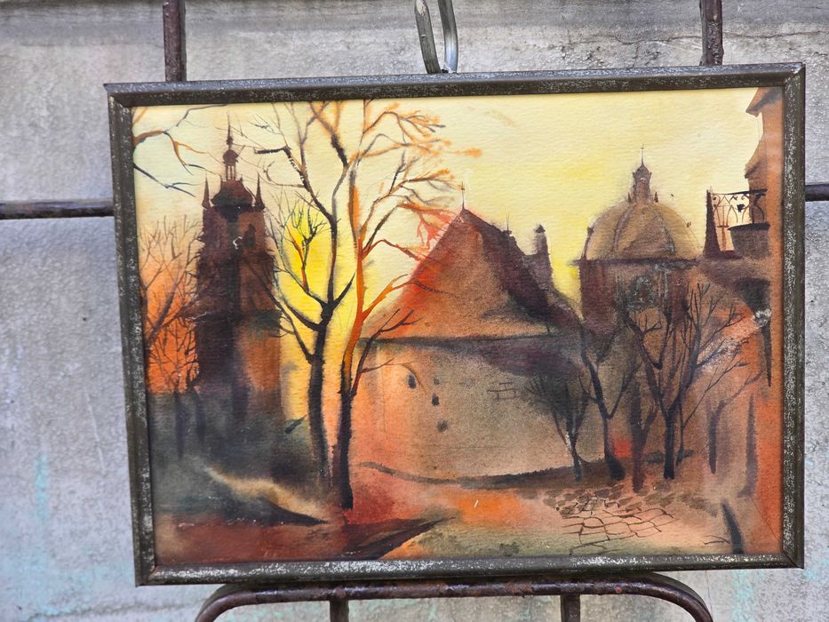Stary obraz akwarela kościół klasztor
