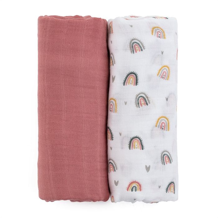 Zestaw Otulaczy Z Muślinu Bambusowego 2 Szt 120x120 Misty Rose Rainbows Do Przewijania Wózka Petite&mars