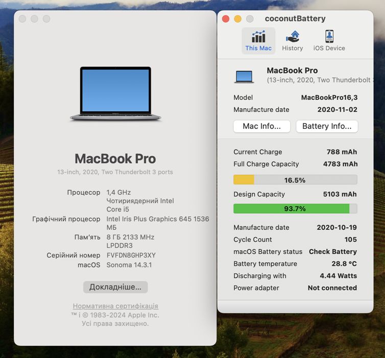 Як Новий ! Macbook Pro 13 2020 i5 / 8gb / 256gb/ 94% / Повний Комплект