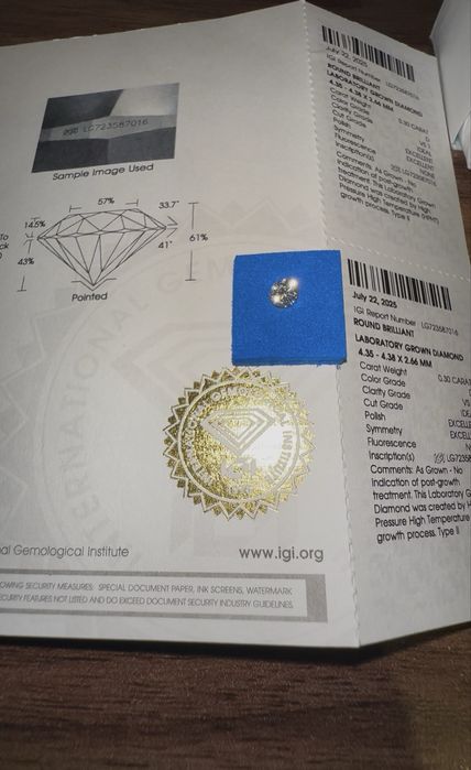 Лабораторный бриллиант HPHT 0.30 ct D VS1 IGI сертификат