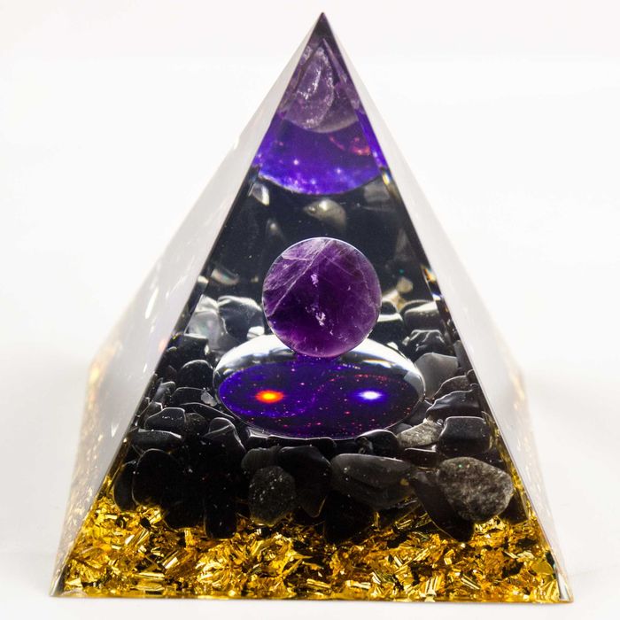 Piękna Piramidka Orgonitowa Yin Yang Ametyst Kwarc Dymny Obsydian 8cm