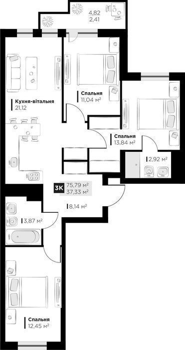 Продаж 3 кім. квартири Perfect Life Винники 75.79 м2