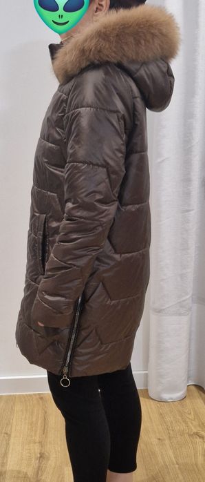 Czekoladowa brązowa polska kurtka zimowa z naturalnym lisem, r.40