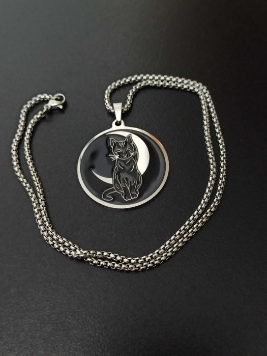 Naszyjnik amulet DUŻY KOT KSIĘŻYC gotyk SREBRNO - CZARNY na prezent