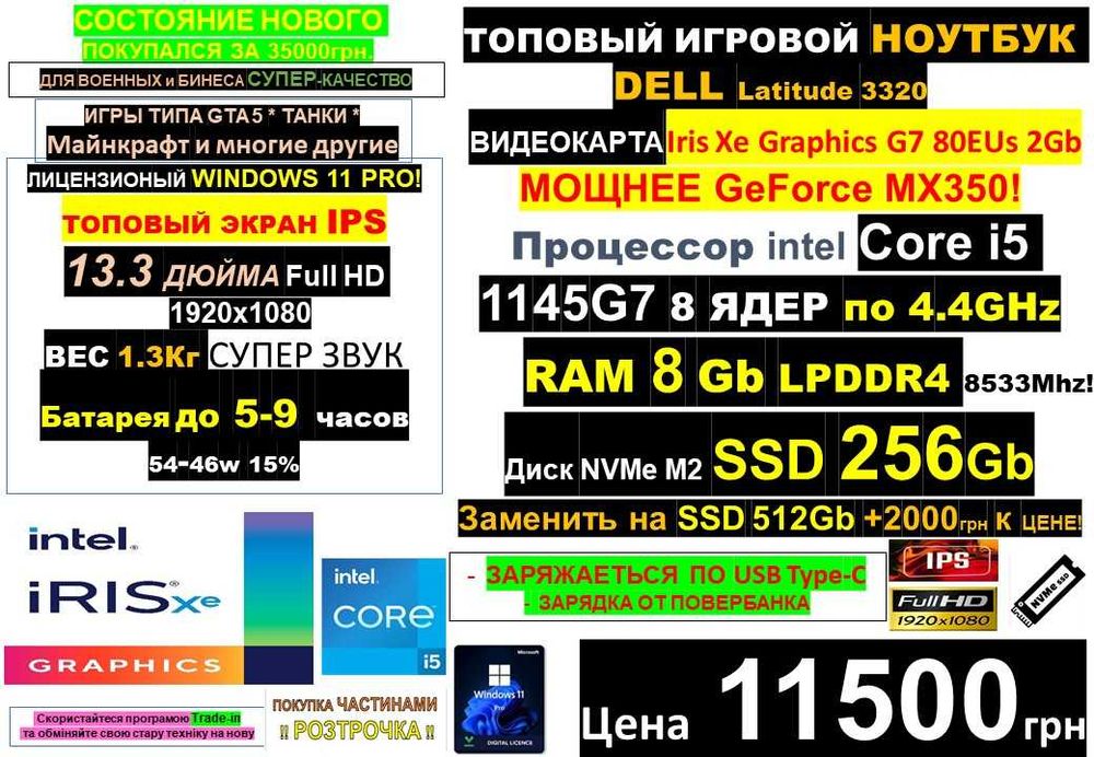 150+ Ноутбуків‼️НОВЫЙℹ️DELL Latitude 3320 13.3" IPS‼️Core i5 1145G7 8 ЯДЕР‼️IrisXe Graphics G7/SSD 256Gb/RAM 8Gb LPDDR4 8533Mhzℹ️Traid-in‼️Розтрочка