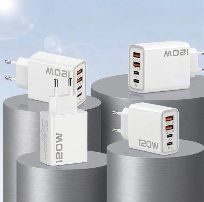 Ładowarka sieciowa 120W 4x Port (2x USB-C PD, 2x USB-A QC 3.0) Szybkie ładowanie