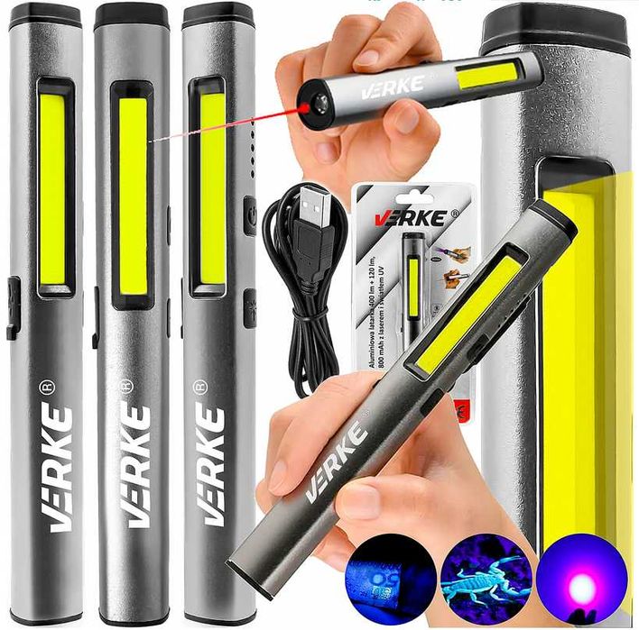 Latarka warsztatowa  VERKE COB LED +UV, 400LM +  WSKAŹNIK LASEROWY
