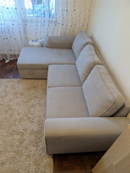 Sofá-Cama com Chaise Longue e Baú — Excelente Estado — Cinza