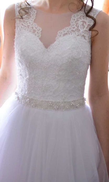 Suknia ślubna XS księżniczka biała koronka perły